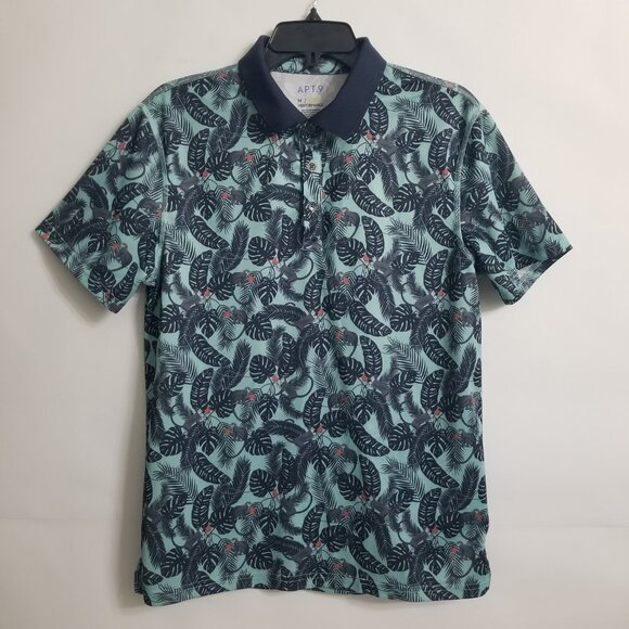 Apt 9 Mens M Short Sleeve Hawaiian Premiere Flex Polo Teal Blue Black Monkey - Picture 3 of 12